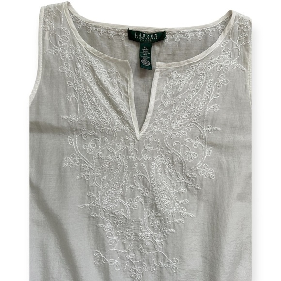 Lauren Ralph Lauren White Embroidered Cotton & Silk Blouse Women’s Petite Large - Picture 3 of 5